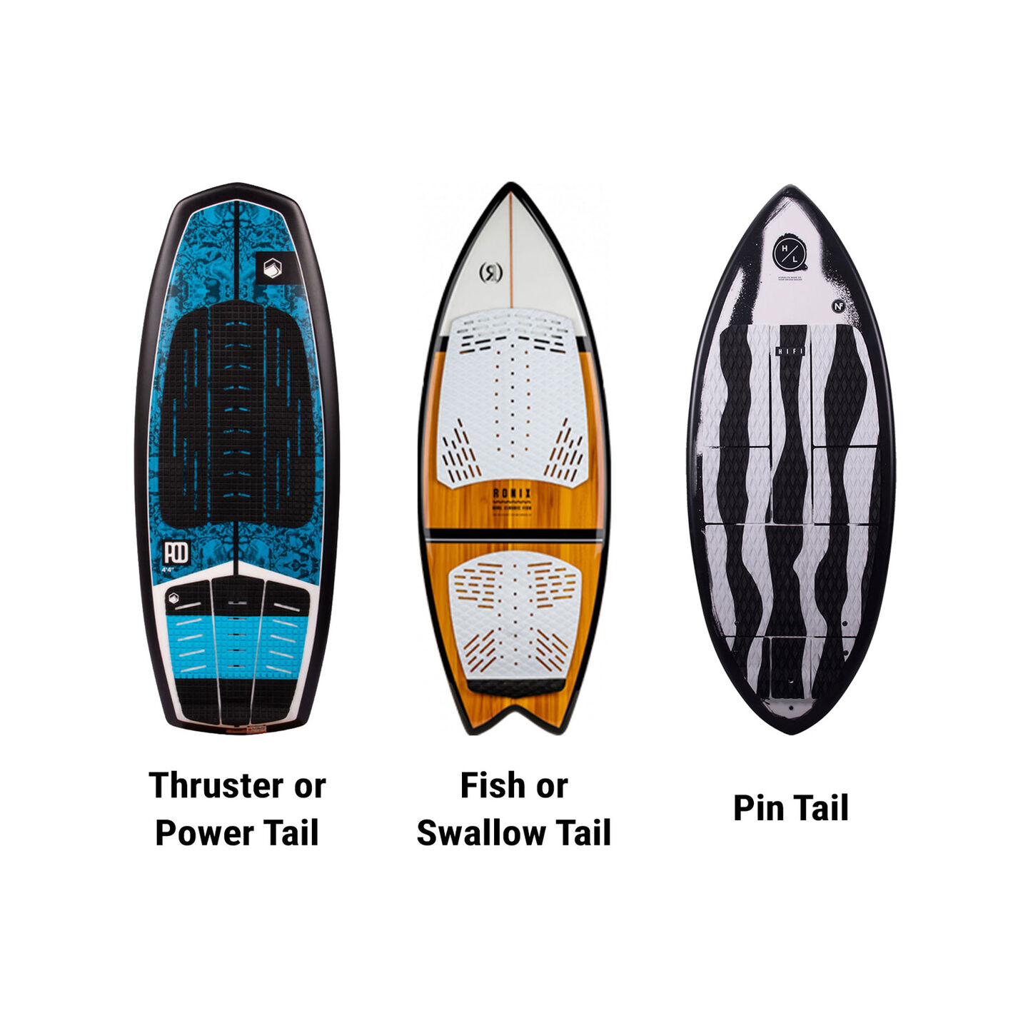 thruster tail fish tail and pin tail boards