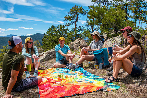 Friends sitting around a picnic blanket